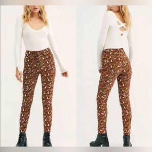 We The Free People Sun Chaser Floral Corduroy Skinny Pants Women Size 26 Flower,